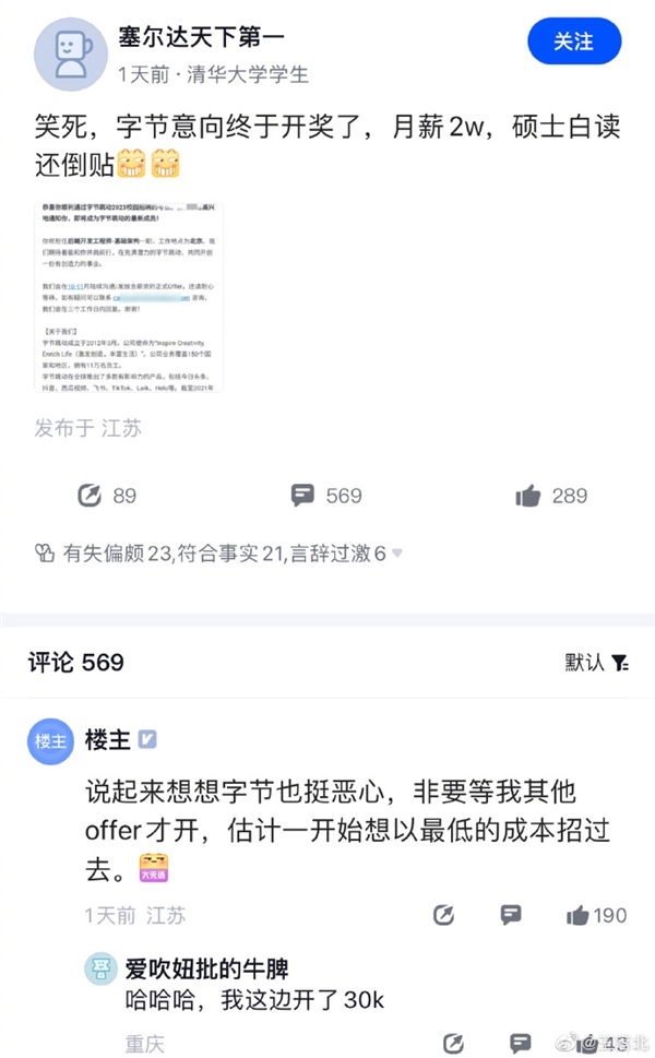 清華應(yīng)屆碩士炮轟字節(jié)惡意低薪：月薪2萬 碩士白讀還倒貼
