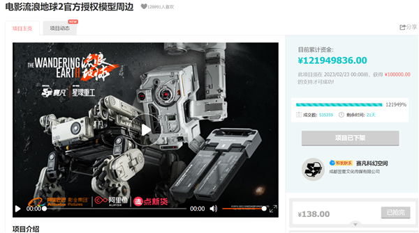 超額120倍 電影《流浪地球2》周邊眾籌最終達到1.2億元：網(wǎng)友瘋狂自來水