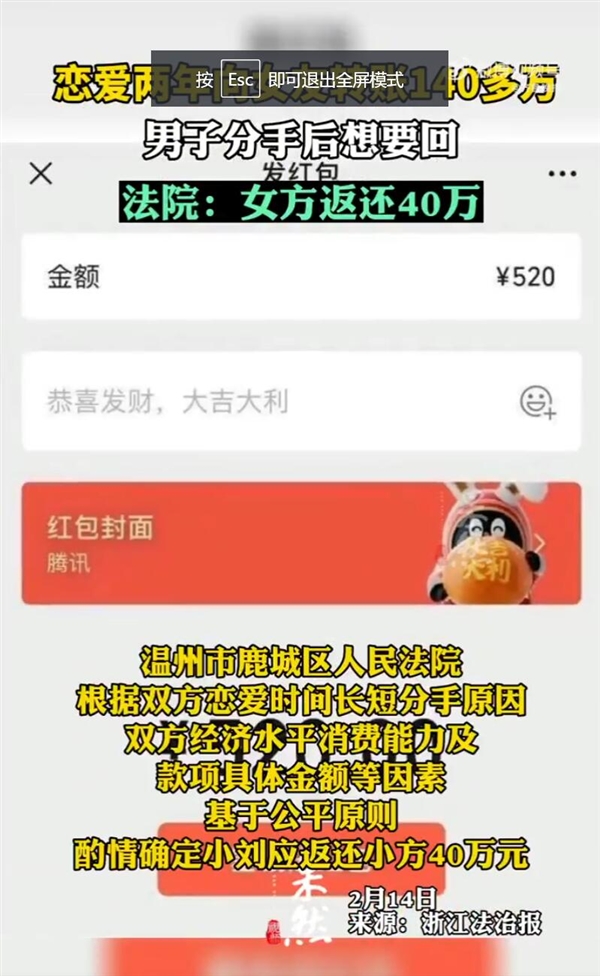 男子給女友轉(zhuǎn)賬140萬分手想要回：女方最終被判返還40萬